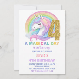 Rainbow Glitzer Unicorn Einladung zum Geburtstag