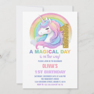 Rainbow Glitzer Unicorn Einladung zum Geburtstag