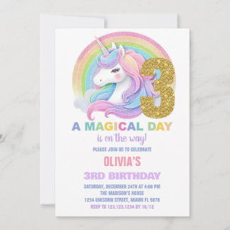 Rainbow Glitzer Unicorn Einladung zum Geburtstag