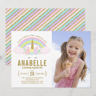 Rainbow Glitzer Unicorn Foto Geburtstagseinladung Einladung