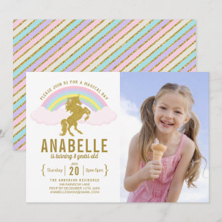Rainbow Glitzer Unicorn Foto Geburtstagseinladung Einladung