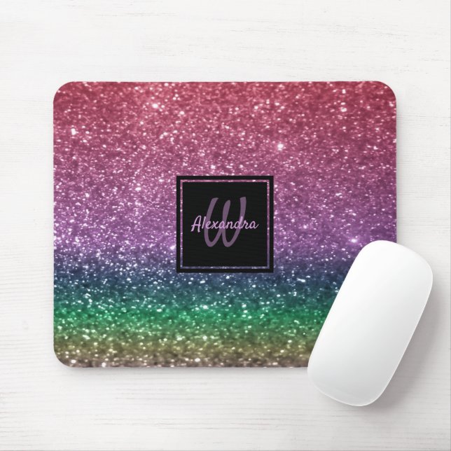 Rainbow Glitzern Monogram Pink Glamour Mousepad (Mit Mouse)