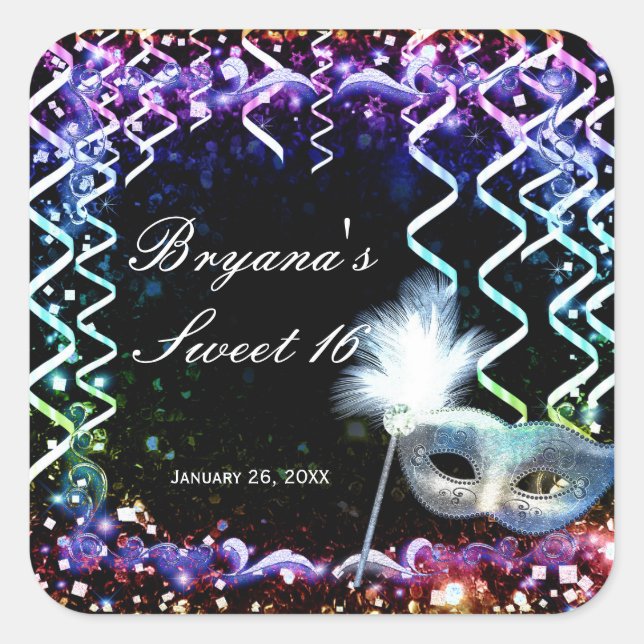 Rainbow Glow Masquerade Mask Birthday Party Quadratischer Aufkleber (Vorderseite)