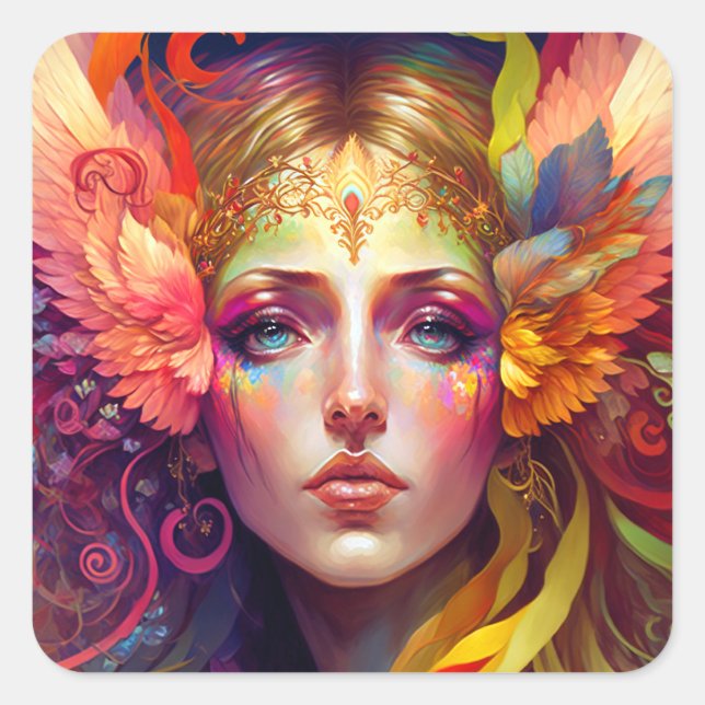 Rainbow Goddess Fantasy Art Quadratischer Aufkleber (Vorderseite)