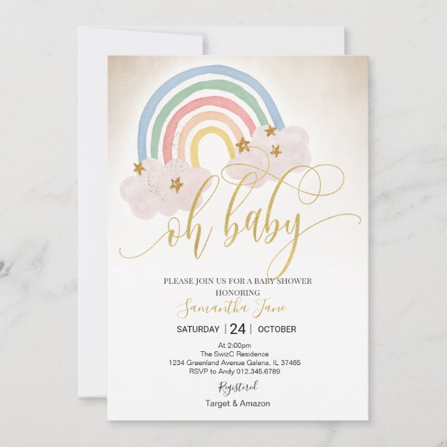Rainbow Gold Glitzer Baby Sprinkle Oh Babydusche Einladung (Vorderseite)