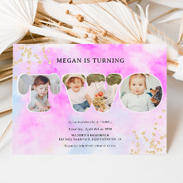 Rainbow gold Glitzer lila 3 Fotos 2. Geburtstag Einladung