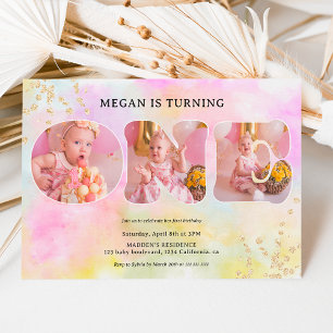 Rainbow gold Glitzer pastellfarben 3 Fotos 1. Gebu Einladung