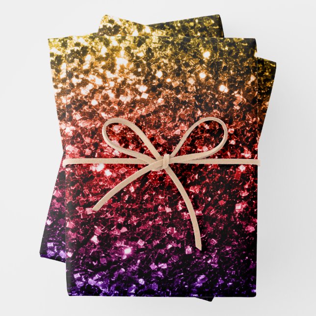 Rainbow-gold-rote lila Imitate Glitzer Glitzern Geschenkpapier Set (Beispiel)