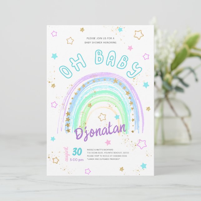 Rainbow Gold Stars Einladung zum Geburtstag (Stehend Vorderseite)