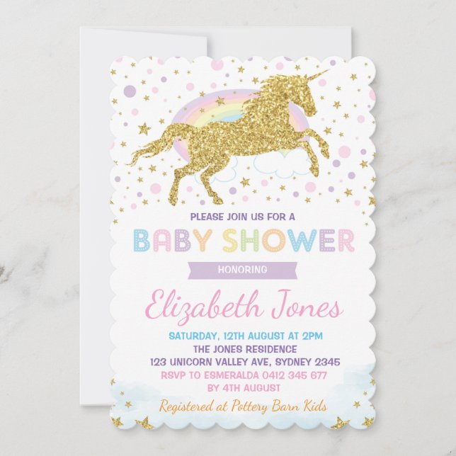 Rainbow Gold Unicorn / Magical Stars Kinderdusche Einladung (Vorderseite)