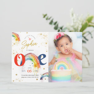 Rainbow Gold Watercolor 1. Geburtstag Einladung