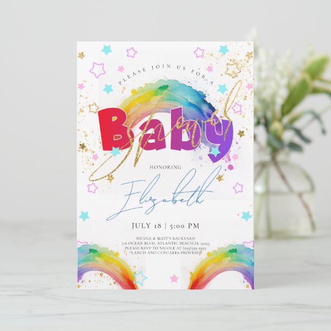 Rainbow Gold Watercolor Kinderdusche Einladung (Stehend Vorderseite)