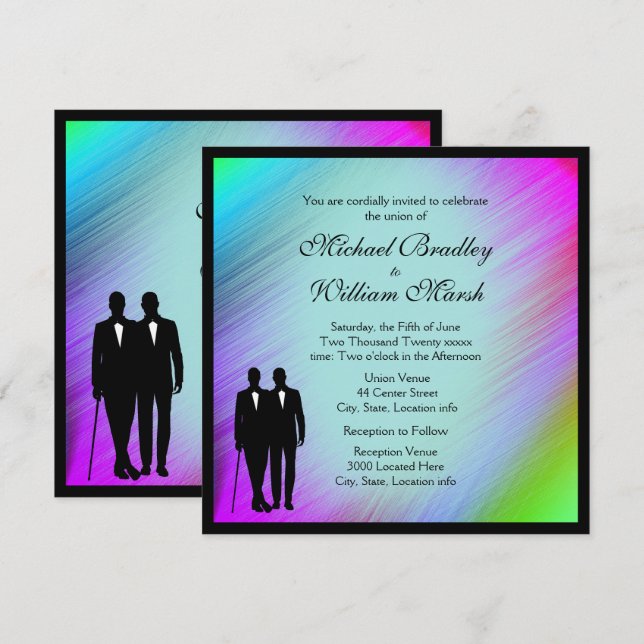 Rainbow Green Accent Gay Wedding Einladung (Vorne/Hinten)