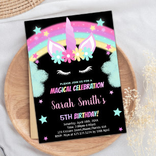 Rainbow Green Black Unicorn Invitations d'annivers