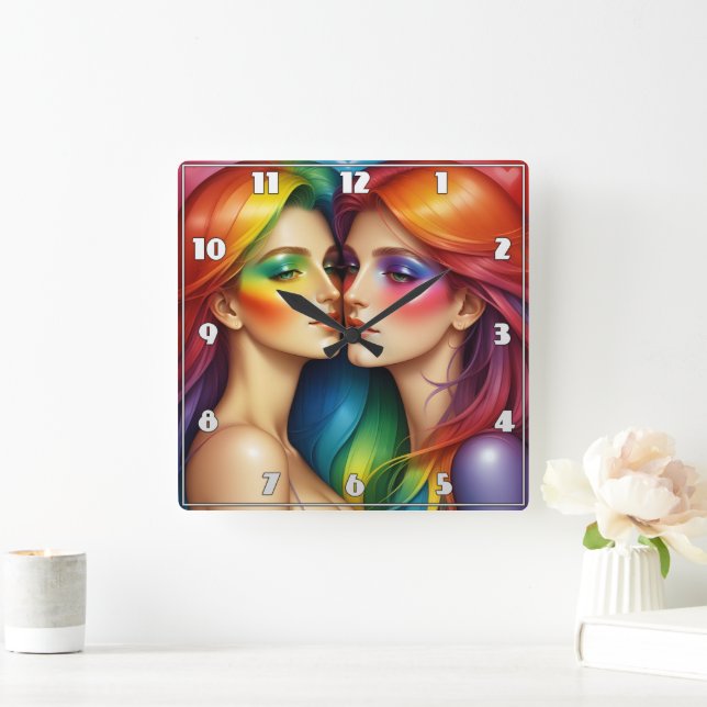 Rainbow-haarige Frauen verkörpern farbenfrohe Schö Quadratische Wanduhr (Zuhause)