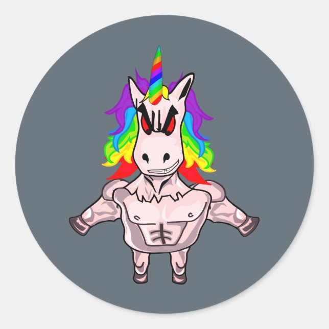 Rainbow-Hair Muskel-Einhorn-Gebäude Runder Aufkleber (Vorderseite)