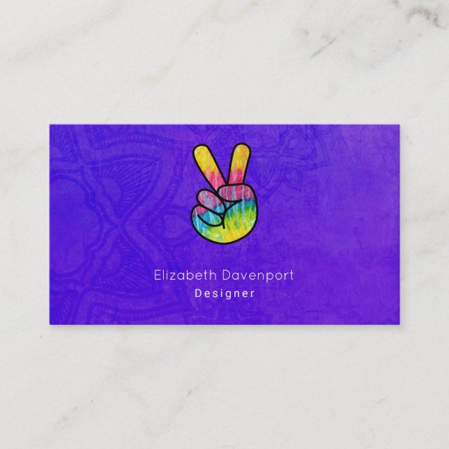 Rainbow Hand Peace Sign Acid Lila Hintergrund Visitenkarte (Vorderseite)