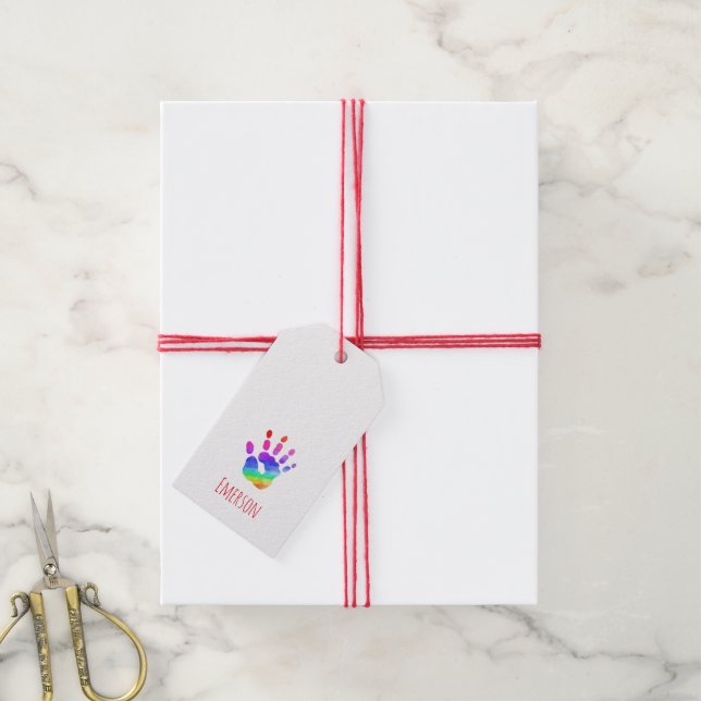 Rainbow Handprint NAME Farbiger Spaß Geschenkanhänger (Mit Garn)