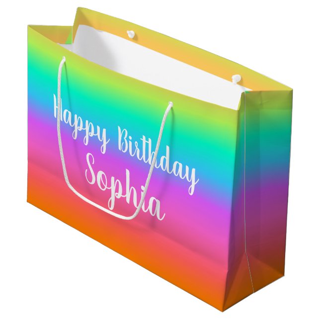 Rainbow Happy Birthday Individuelle Name Große Geschenktüte (Vorderseite Schrägansicht)