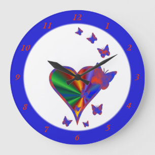 Rainbow Heart and Butterfly Große Wanduhr