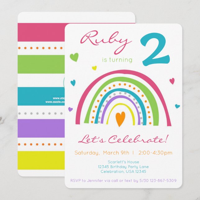 Rainbow & Heart Colorful Boho Little Girl Geburtst Einladung (Vorne/Hinten)