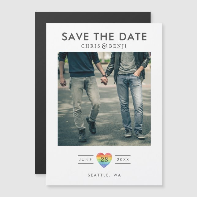 Rainbow Heart LGBTQ Save the Date mit Foto Magneteinladung (Vorne/Hinten)