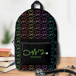 Rainbow Heart Stethoscope Monogram Bedruckter Rucksack