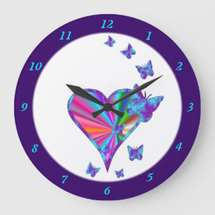 Rainbow Heart und Butterfly Große Wanduhr