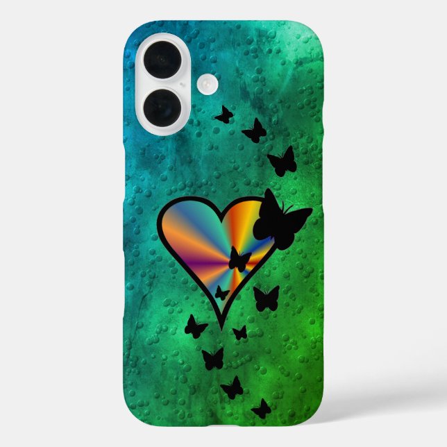 Rainbow Heart und Butterfly iPhone 16 Hülle (Rückseite)