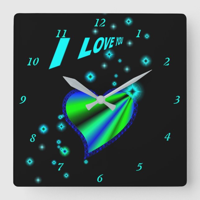 Rainbow Heart with Stars - I LIEBE YOU Quadratische Wanduhr (Vorderseite)