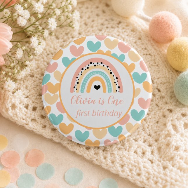 Rainbow & Hearts 1. Geburtstag Party Button (Rainbow & Hearts 1st Birthday Party Button)