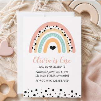 Rainbow & Hearts 1. Geburtstag Party Einladung