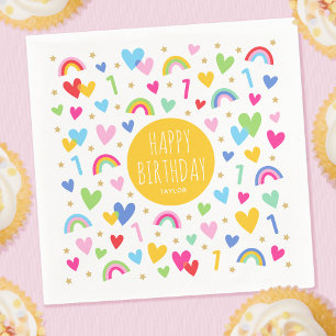 Rainbow Hearts 1. Geburtstag Party Name Gelb Serviette