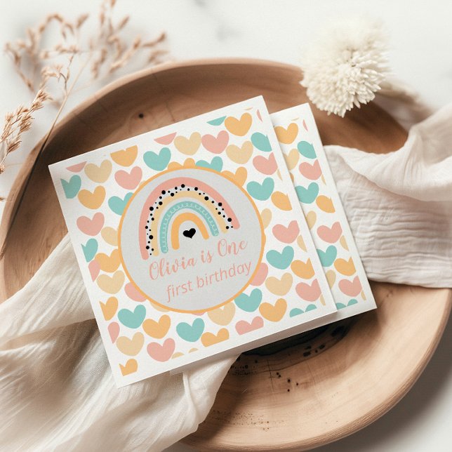 Rainbow & Hearts 1. Geburtstag Party Serviette (Von Creator hochgeladen)