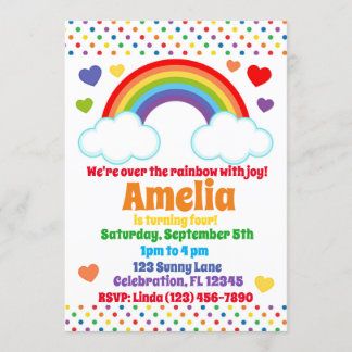 Rainbow Hearts and Dots Girls Geburtstag Einladung