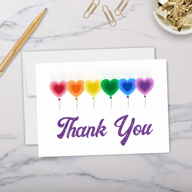 Rainbow Hearts Balloons geklappt Danke Karten (Cute heart shaped balloons in rainbow color scheme personalized folded thank you cards)
