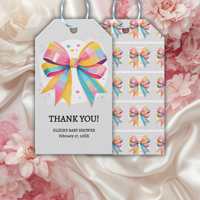 Rainbow Hearts Bow Baby Shower Geschenkanhänger (Von Creator hochgeladen)