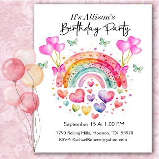 Rainbow Hearts Butterflies Geburtstag Einladung