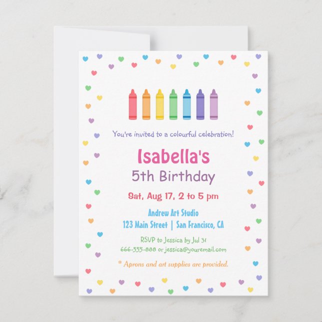 Rainbow Hearts Crayons Arts Crafts Birthday Party Einladung (Vorderseite)