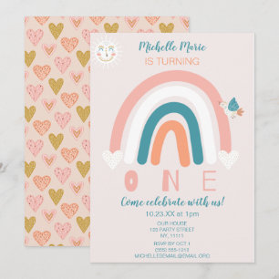Rainbow Hearts Einladung zum ersten Geburtstag