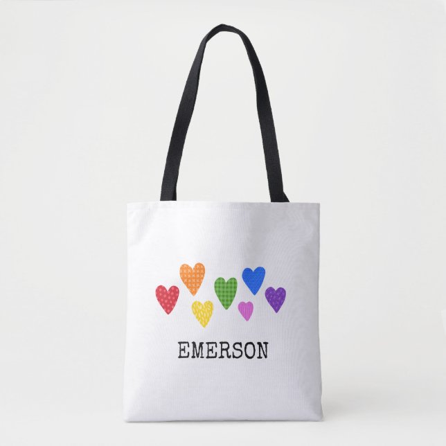 Rainbow Hearts Kids Baby NAME Liebe Kunst Spaß Tasche (Vorderseite)