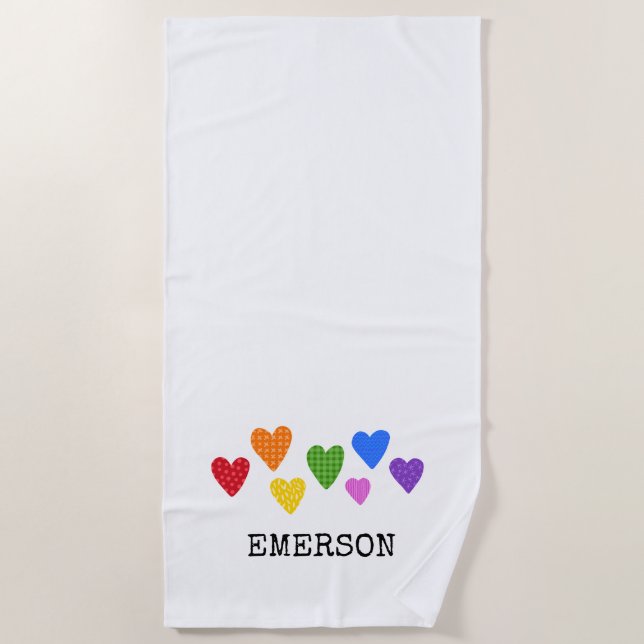 Rainbow Hearts Kinder NAME Liebe Spaß und Spaß Strandtuch (Vorderseite)
