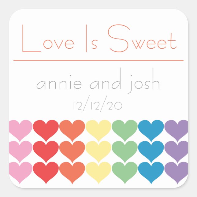 Rainbow-Hearts-Liebe: Sweet-Labels (Orange) Quadratischer Aufkleber (Vorderseite)