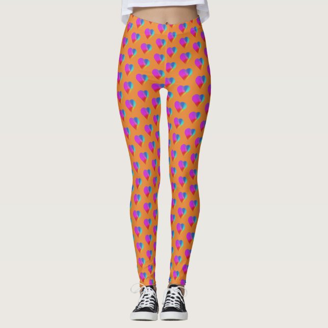 Rainbow Hearts on Orange Leggings (Vorderseite)