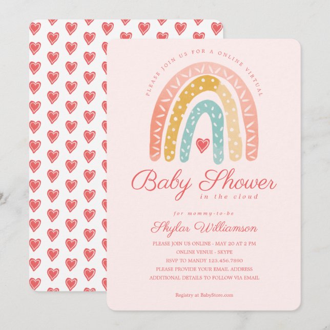 Rainbow & Hearts Online Virtual Girl Baby Shower Einladung (Vorne/Hinten)