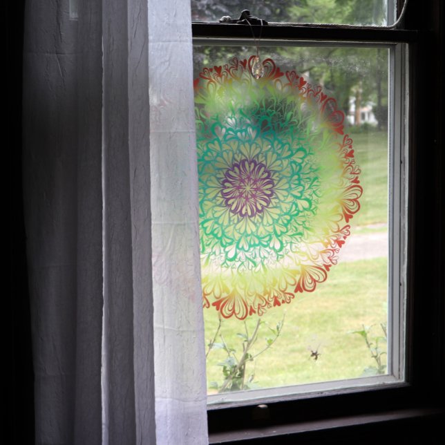 Rainbow Hearts Retro Mandala Fensteraufkleber (Von Creator hochgeladen)
