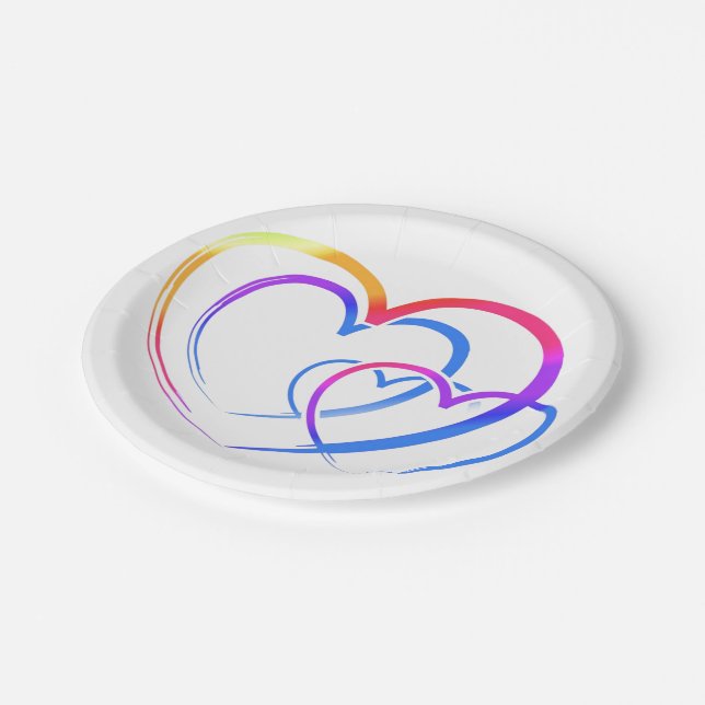 Rainbow-Herz-Papier Pappteller (Schrägansicht)