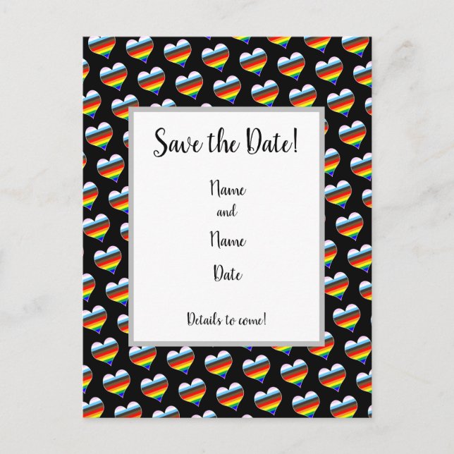 Rainbow-Herzmuster Save the Date Postkarte (Vorderseite)