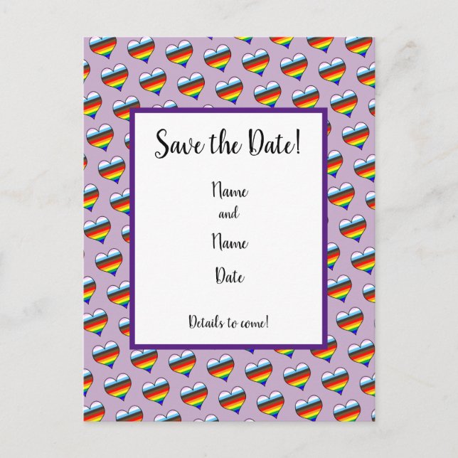 Rainbow-Herzmuster Save the Date Postkarte (Vorderseite)