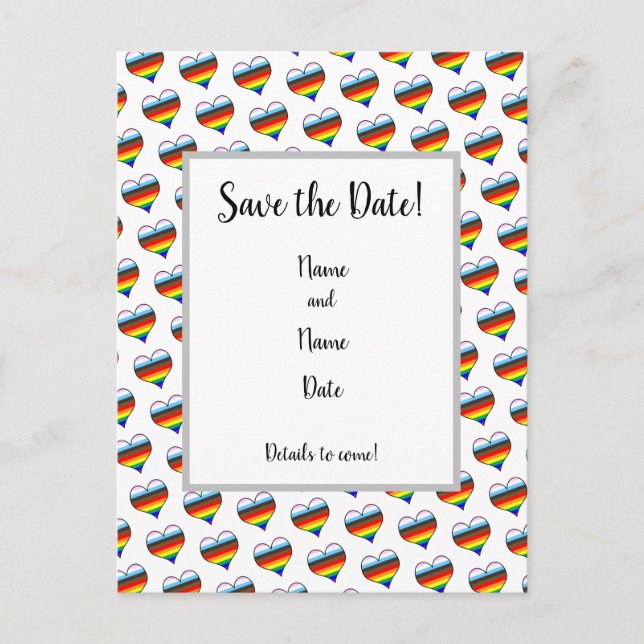 Rainbow-Herzmuster Save the Date Postkarte (Vorderseite)